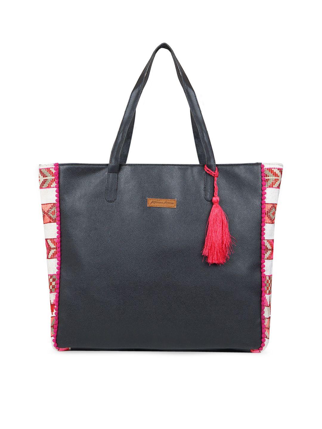 kanvas katha black colourblocked pu oversized shopper handheld bag with tasselled