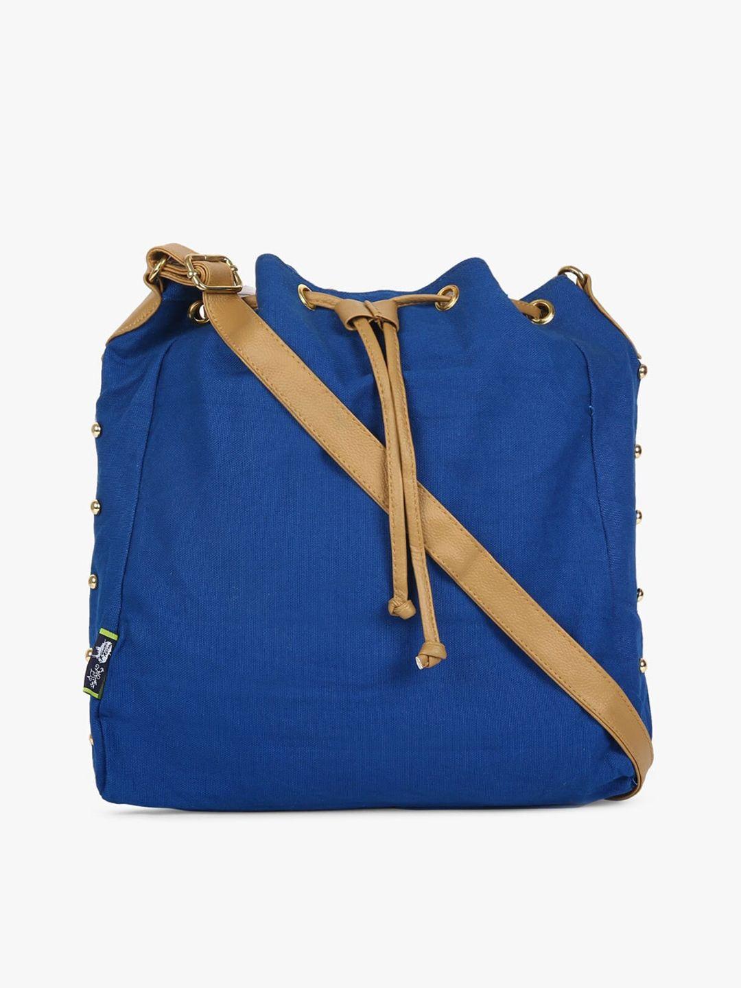 kanvas katha blue bucket sling bag with tasselled