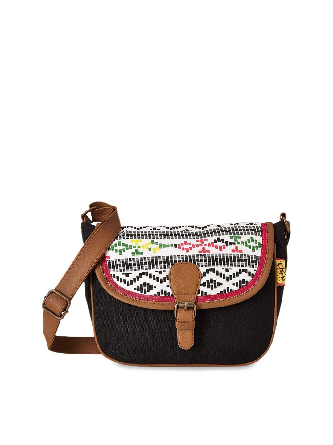 kanvas katha multicoloured geometric printed structured sling bag with cut work