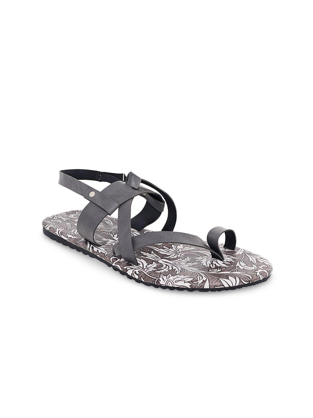 kanvas men grey printed leather ethnic open toe flats