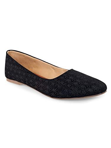 kanvas women black brocade festive ballerina