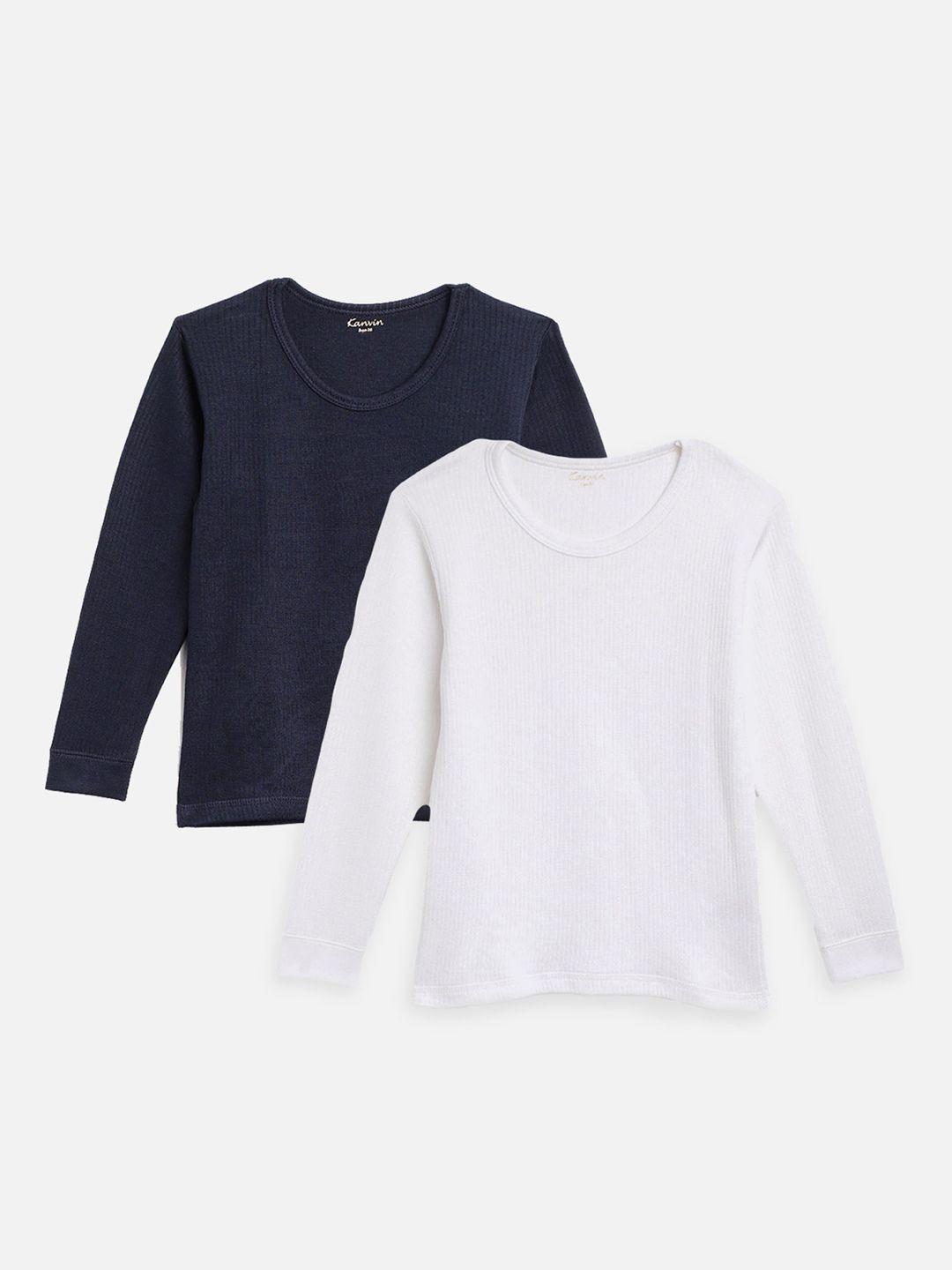 kanvin boys  pack of 2 navy blue & white ribbed cotton thermal tops