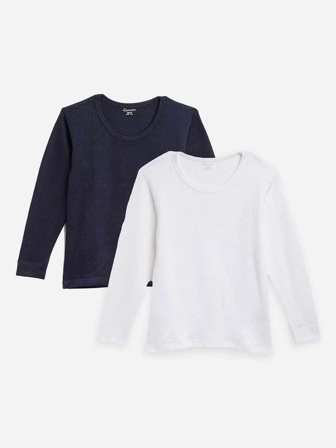 kanvin boys navy blue and white pack of 2 solid thermal tops