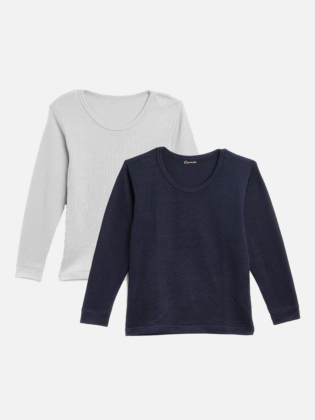 kanvin boys pack of 2 grey & navy blue ribbed cotton thermal tops