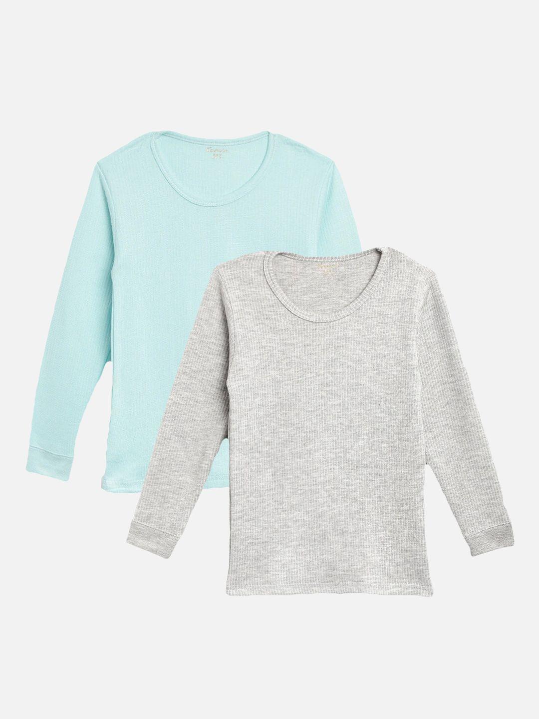 kanvin boys pack of 2 grey melange & turquoise blue ribbed cotton thermal tops