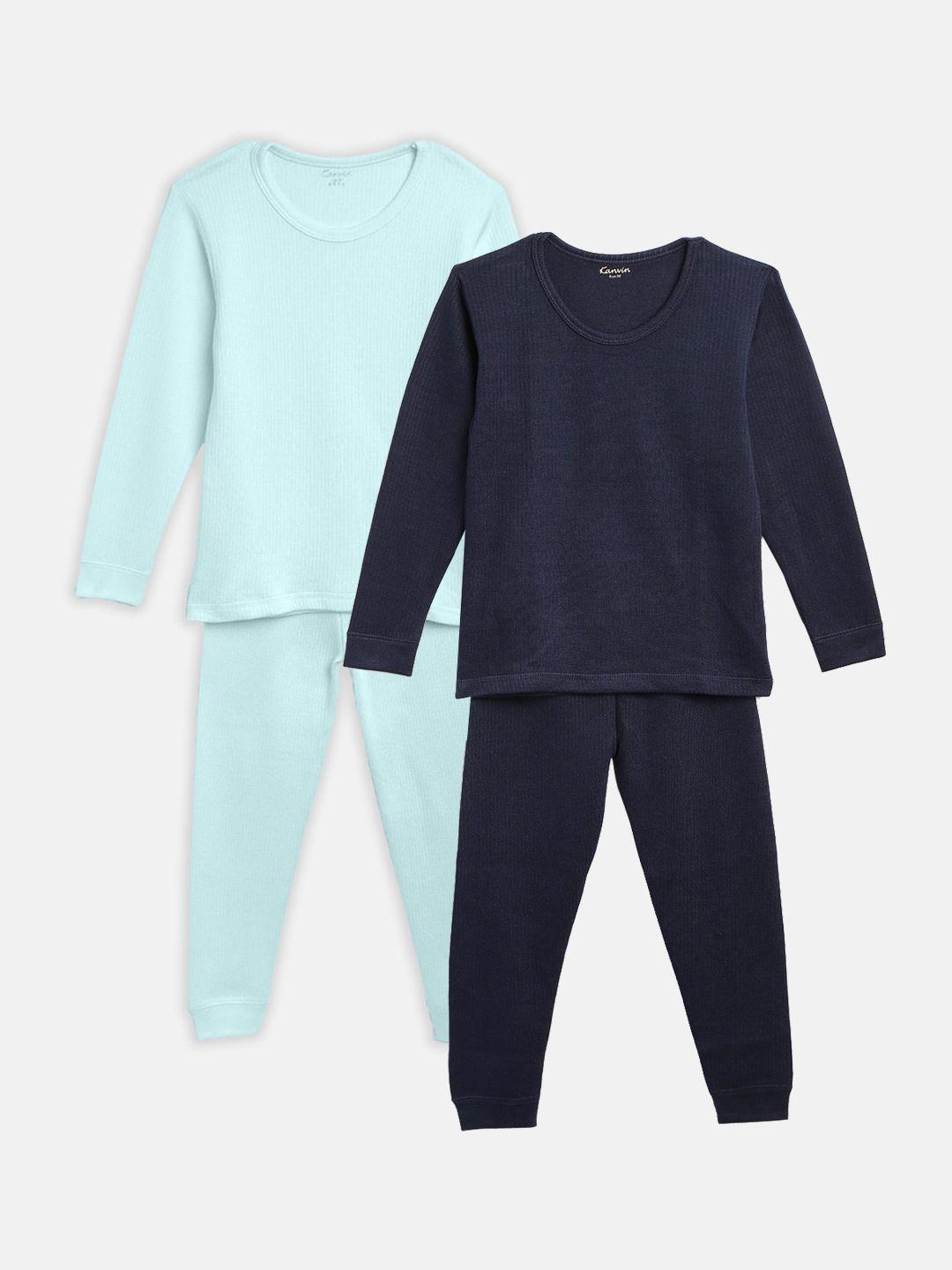 kanvin boys pack of 2 turquoise blue & navy blue solid thermal set