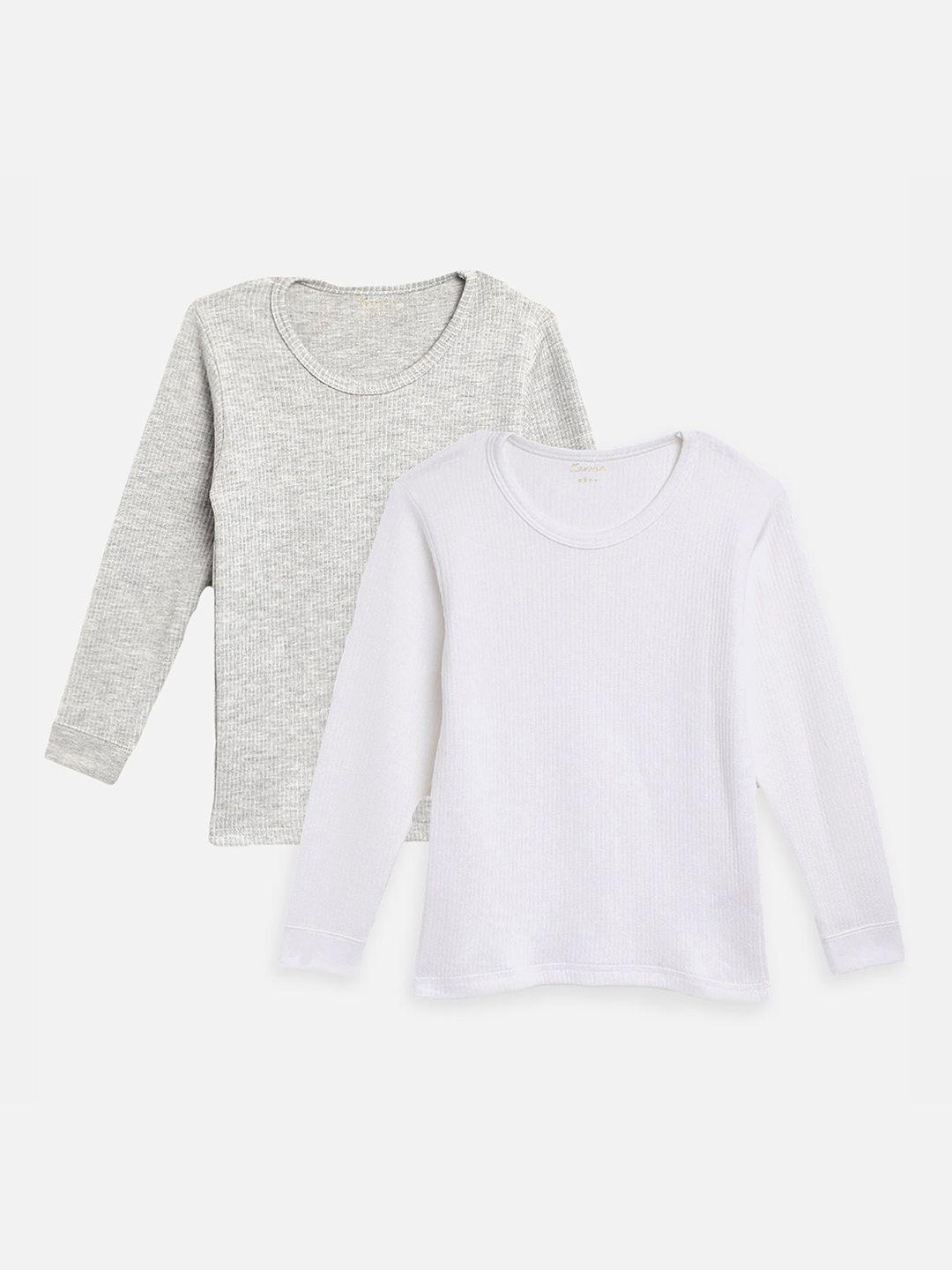 kanvin boys pack of 2 white & grey melange ribbed cotton thermal tops