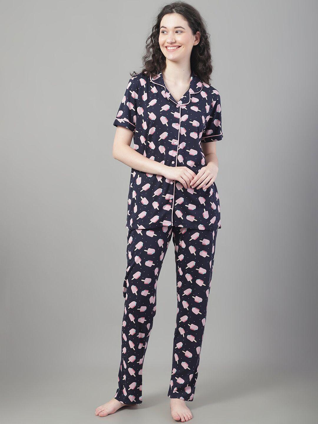 kanvin navy blue & pink conversational printed night suit