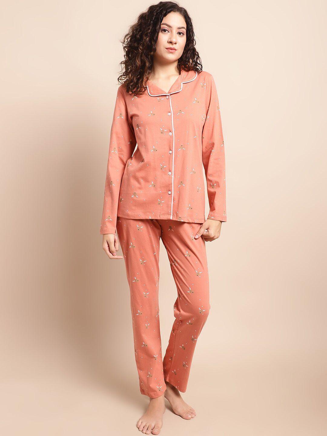 kanvin peach & white conversational printed pure cotton night suit