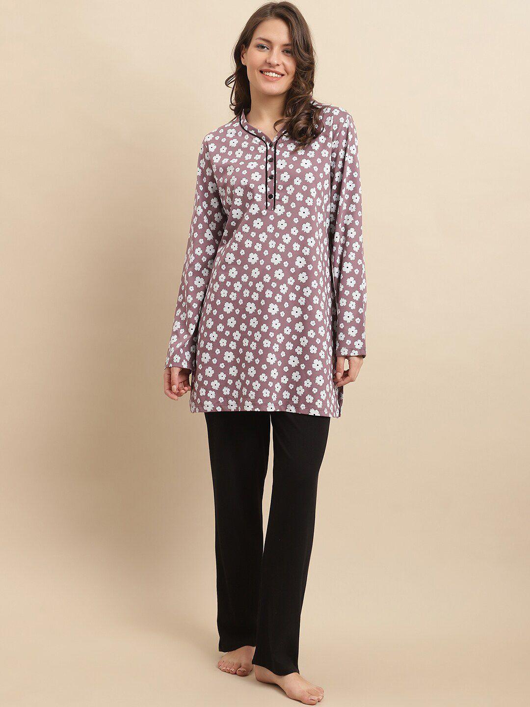 kanvin pink & black floral printed pure cotton night suit