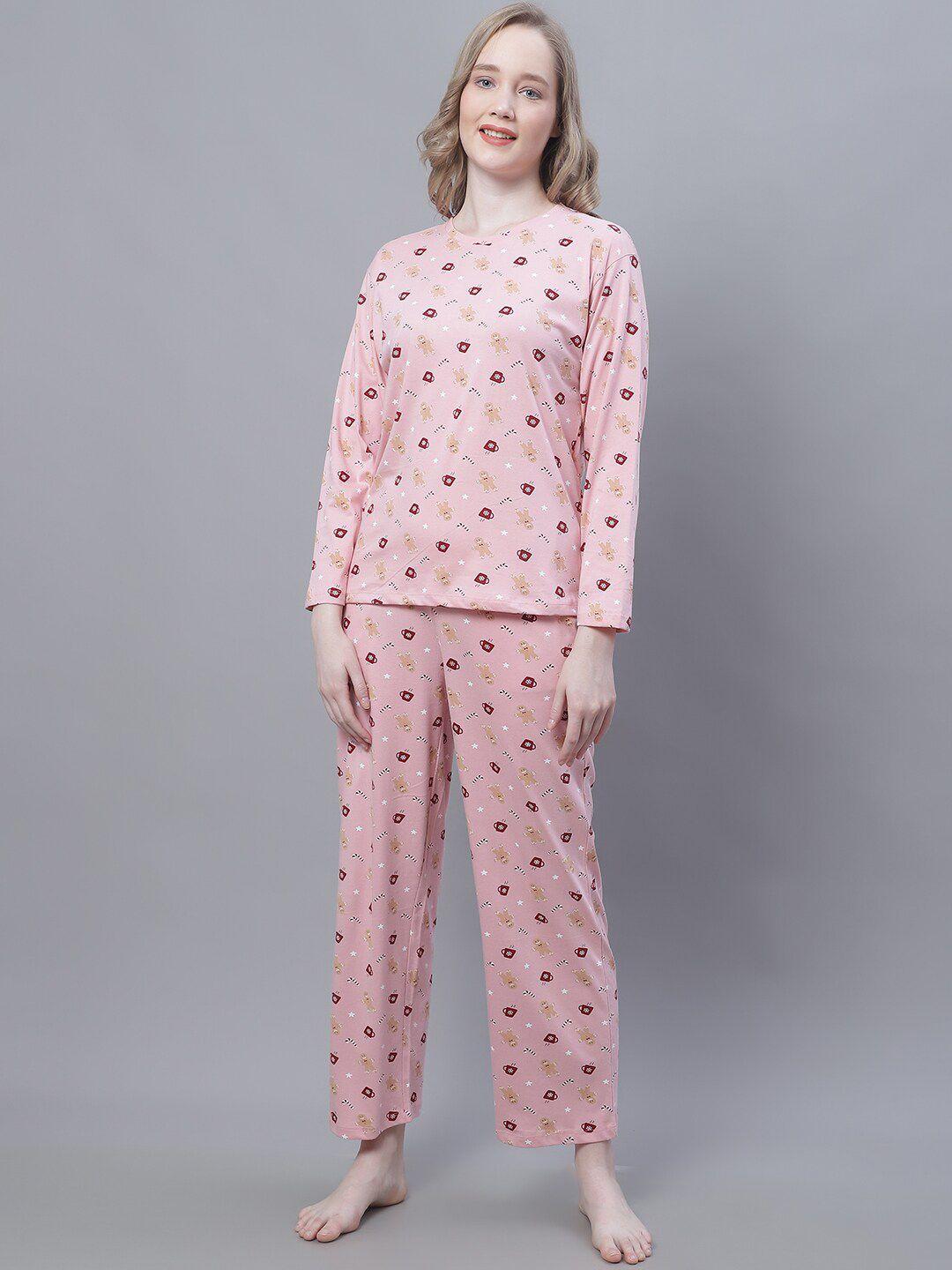 kanvin pink & red conversational printed pure cotton night suit