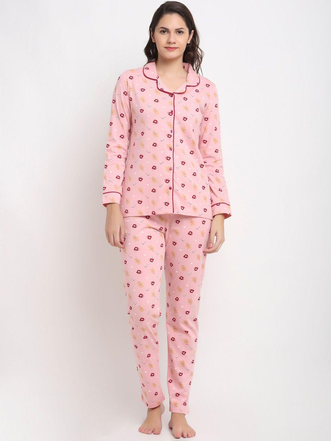 kanvin pink & red conversational printed pure cotton shirt & pyjamas