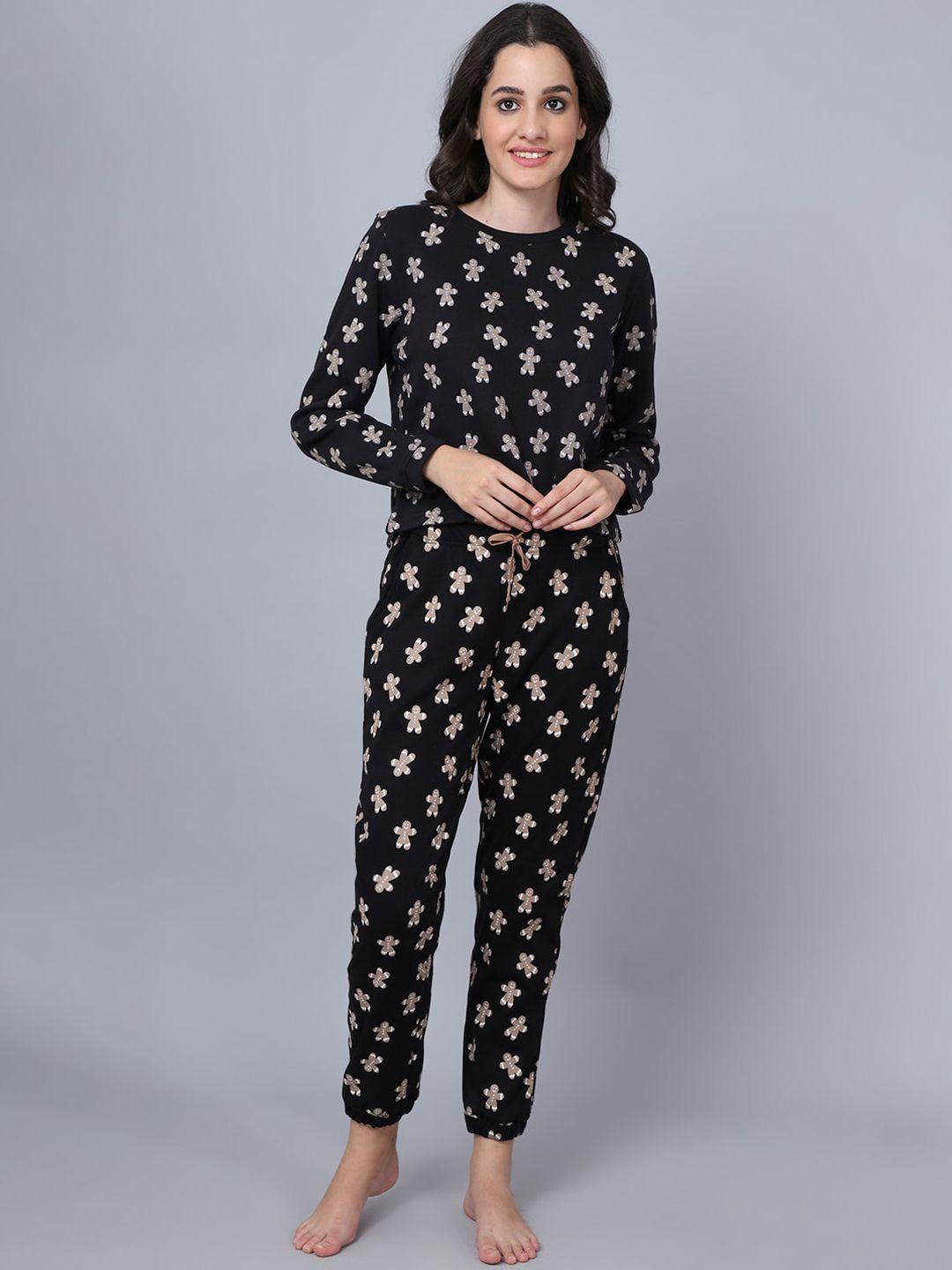kanvin women black & cream-coloured printed night suit