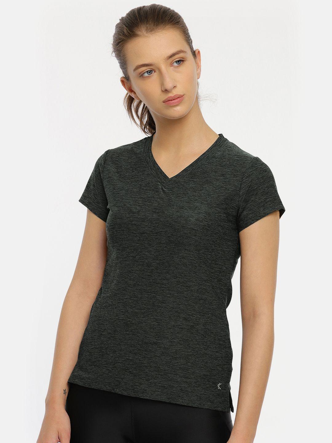 kanvin women charcoal black self design v-neck activewear t-shirt
