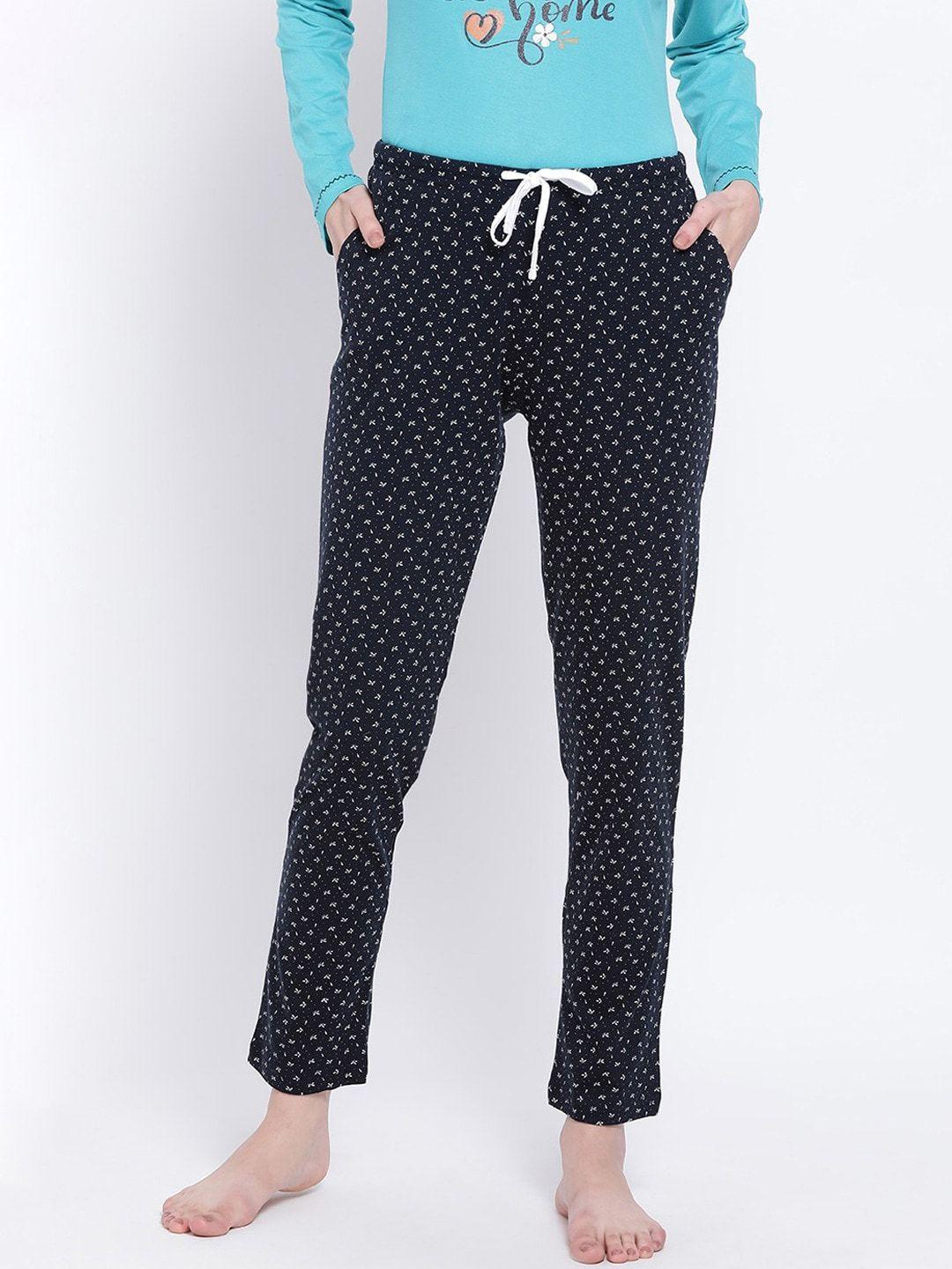 kanvin women navy blue & white printed cotton pyjamas