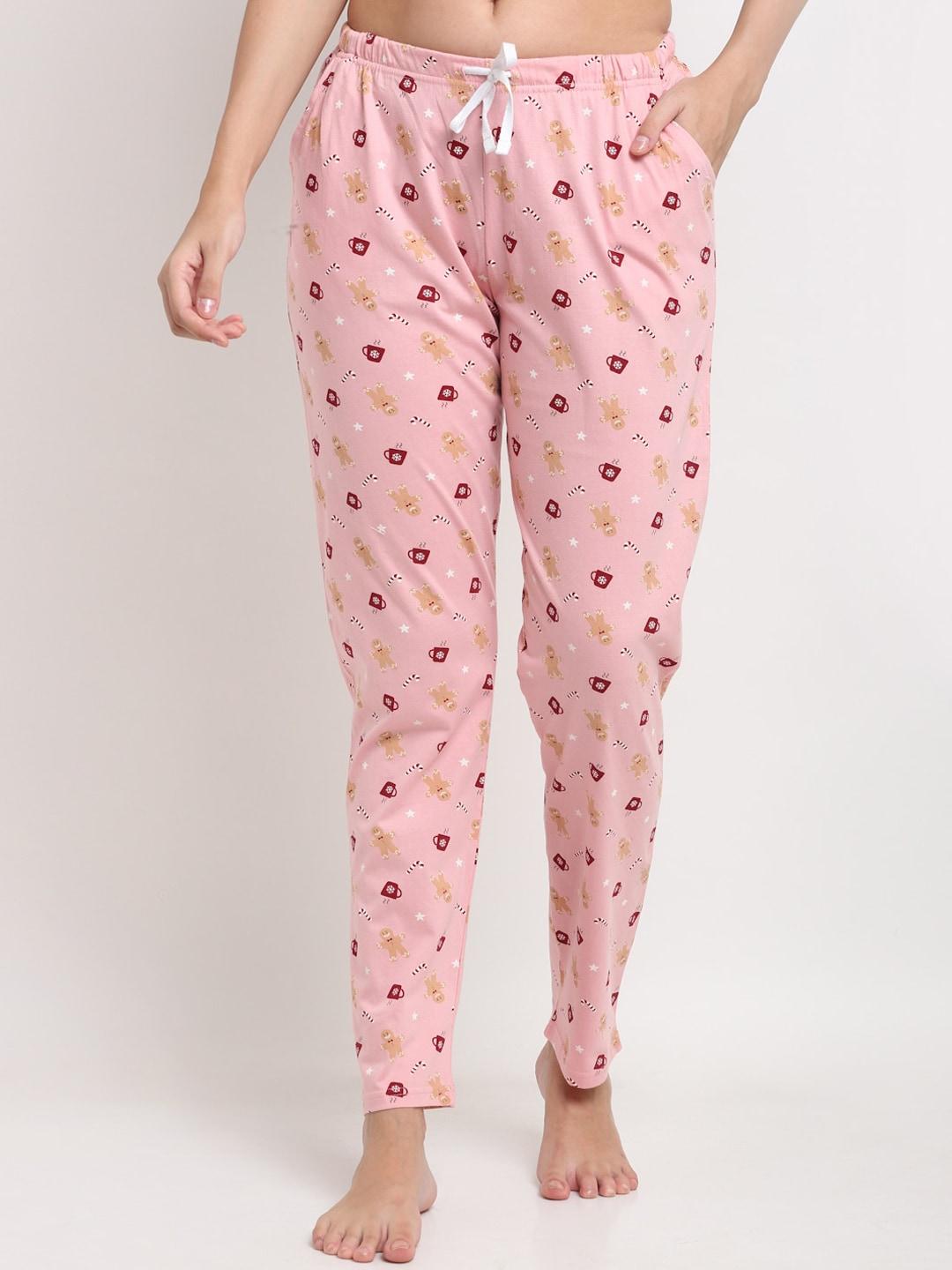 kanvin women pink & maroon conversational printed pure cotton lounge pants