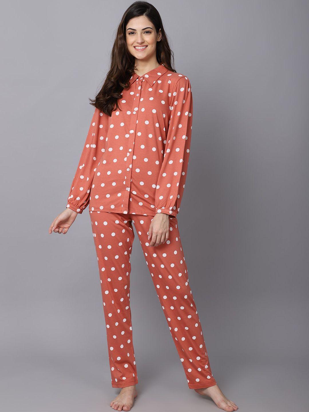 kanvin women rust & white printed shirt & pyjama night suit