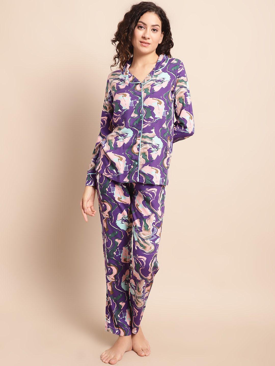 kanvin abstract printed lapel collar night suit