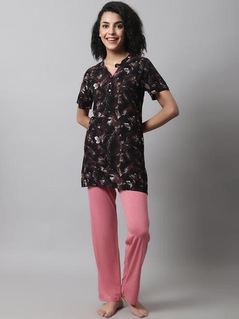 kanvin black & pink printed top pyjamas set