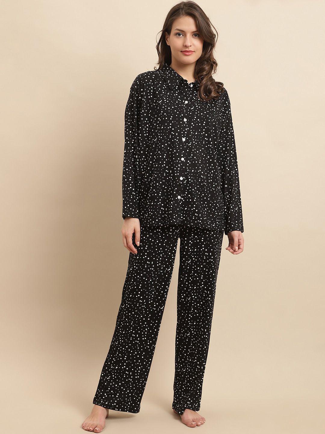 kanvin black & white polka dots printed modal night suit