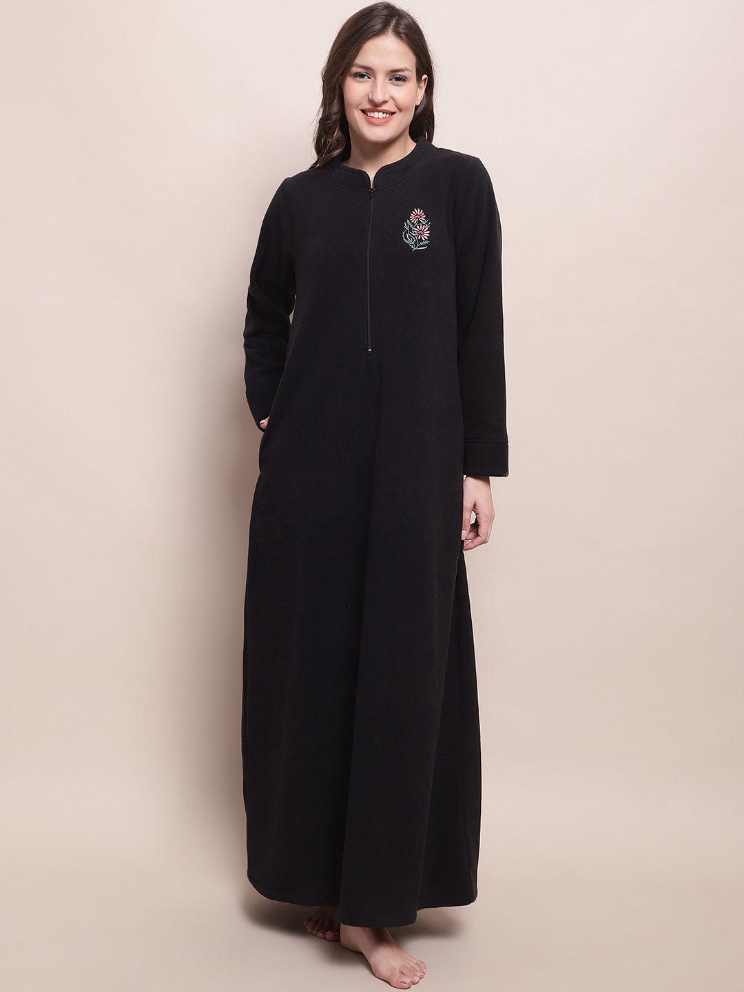 kanvin black embroidered fleece maxi nightdress