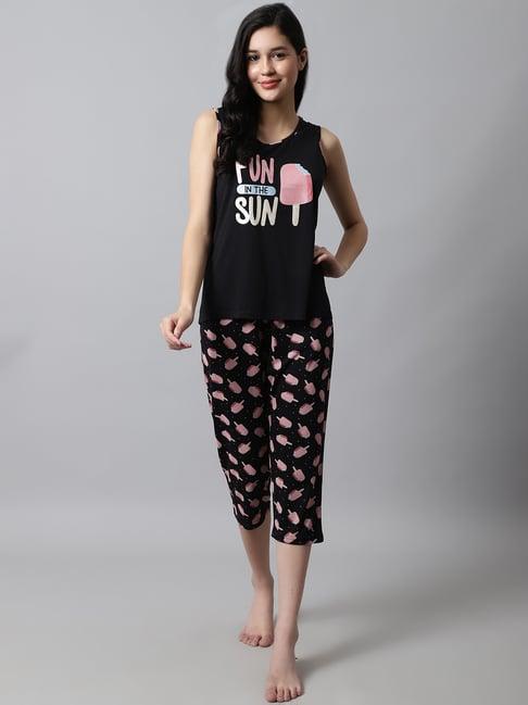 kanvin black printed top capris set