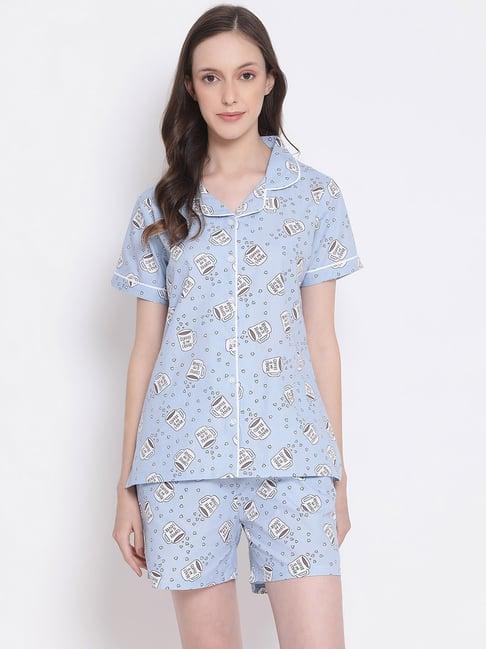 kanvin blue printed shirt with shorts