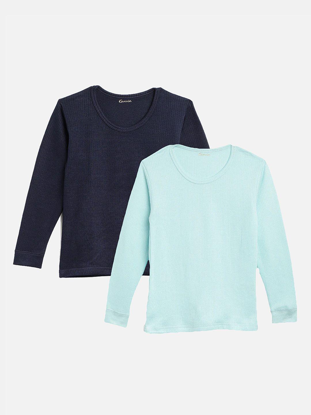 kanvin boys  pack of 2 navy blue & turquoise blue ribbed cotton thermal tops