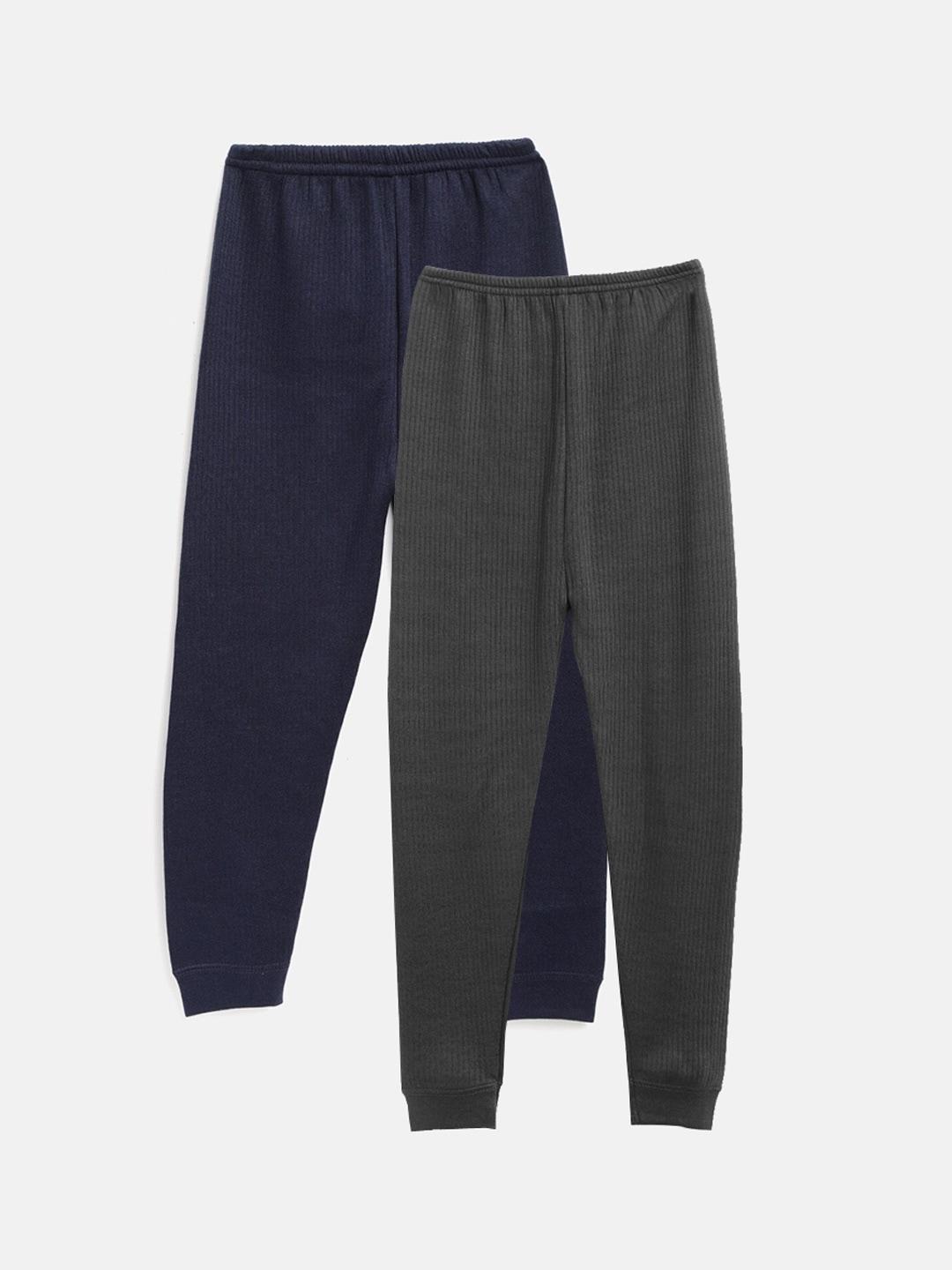 kanvin boys charcoal & navy blue self striped thermal bottoms