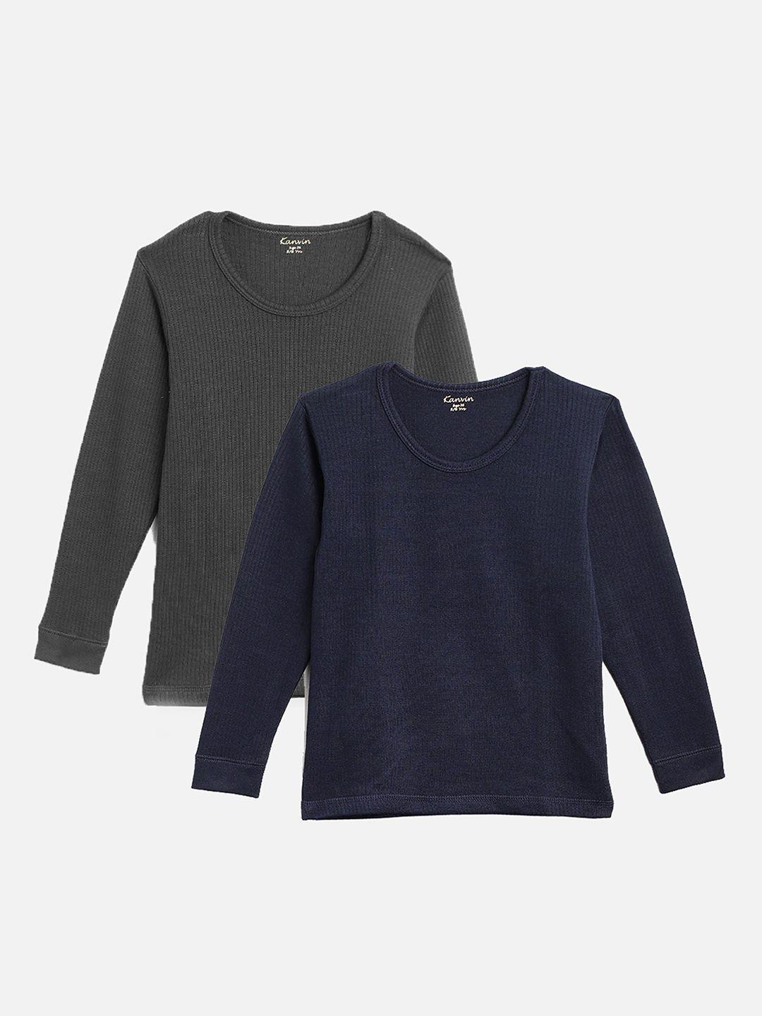 kanvin boys charcoal grey and navy blue pack of 2 solid thermal tops