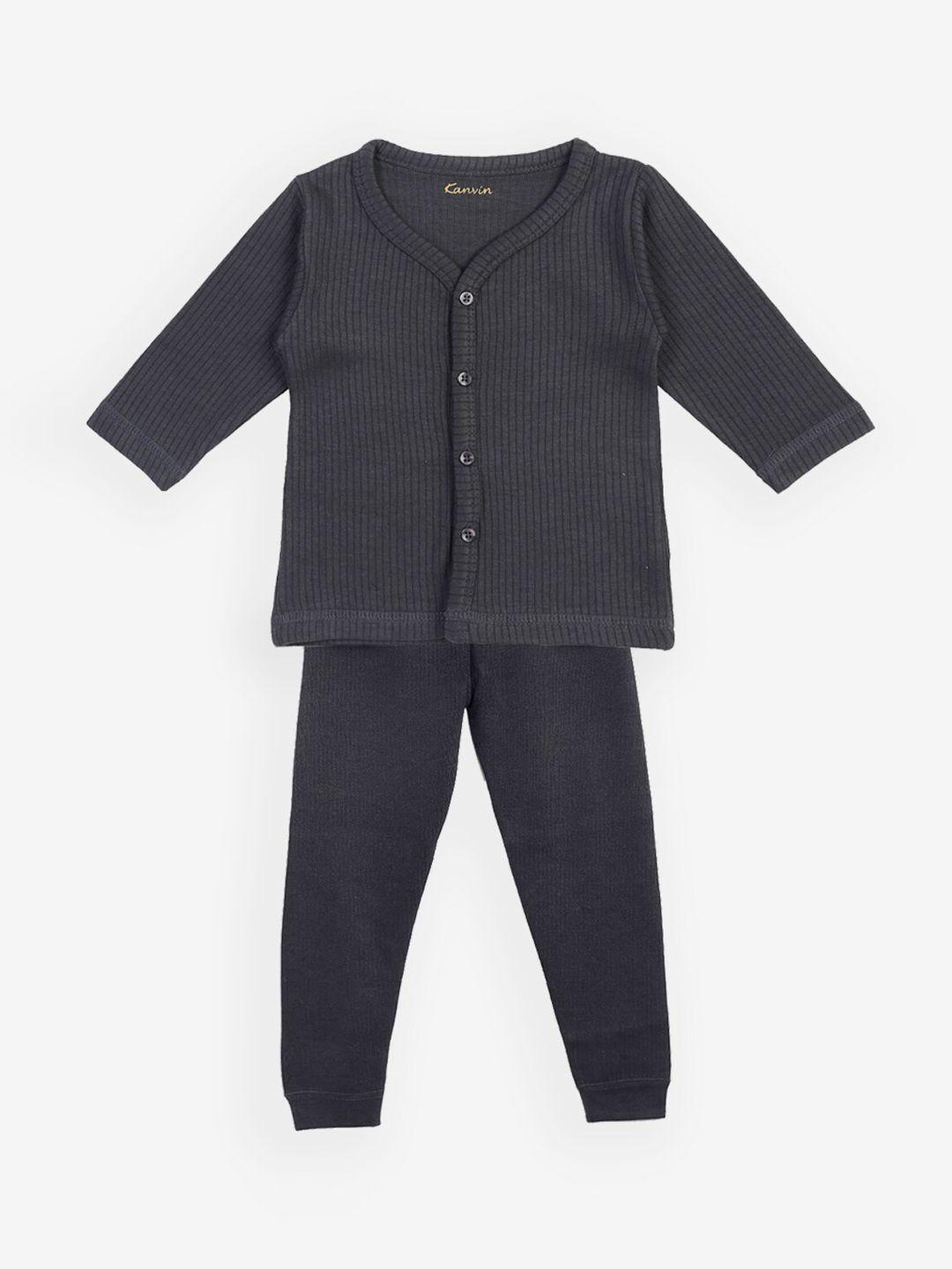 kanvin boys charcoal grey self design thermal set