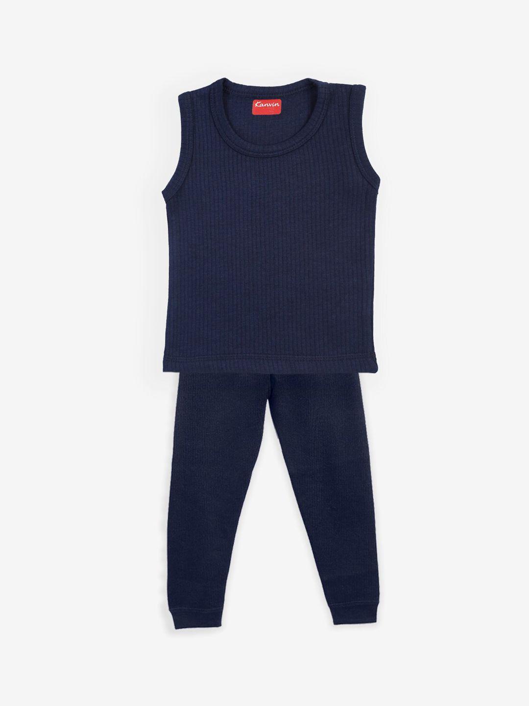 kanvin boys navy blue ribbed thermal set