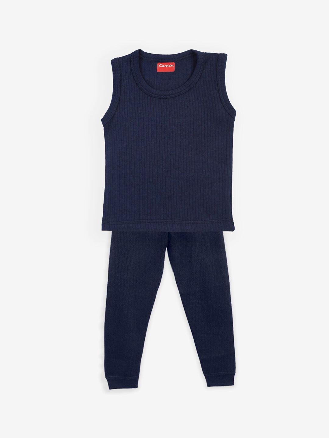 kanvin boys navy blue solid thermal set