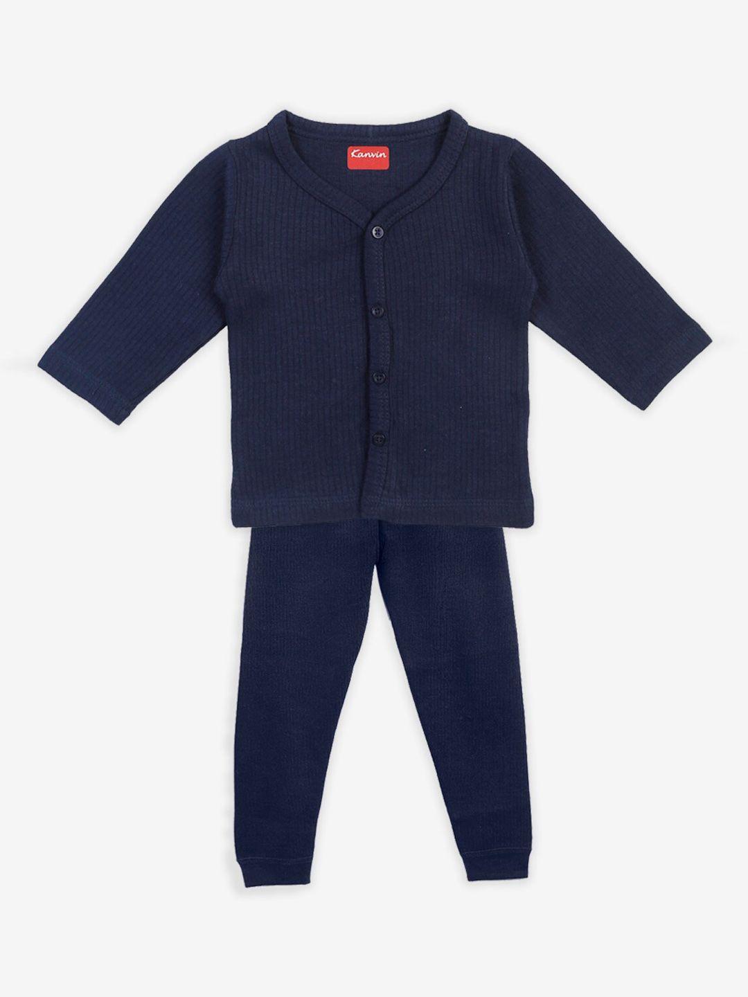 kanvin boys navy blue striped thermal set