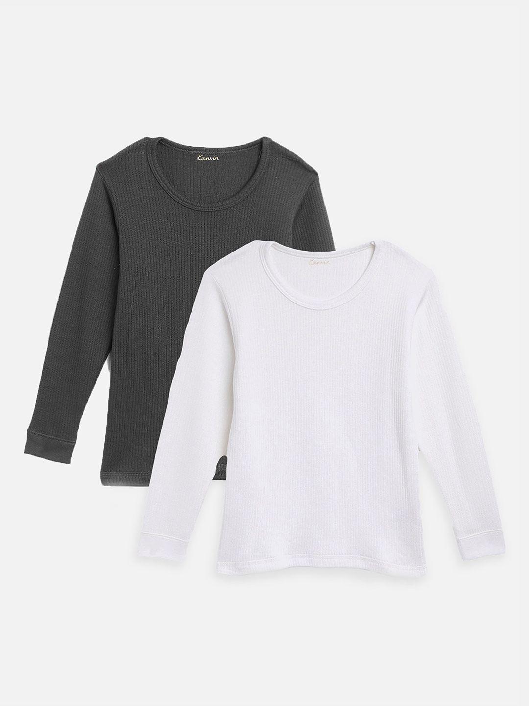 kanvin boys pack of 2  charcoal and white ribbed cotton thermal tops
