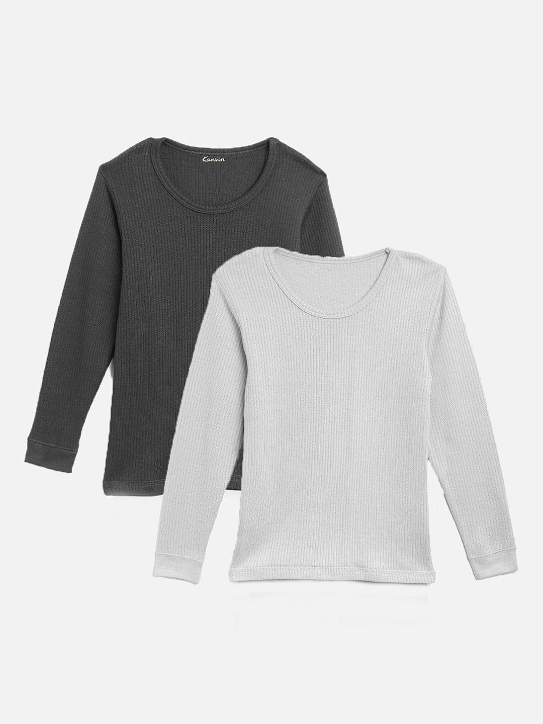 kanvin boys pack of 2 charcoal & grey ribbed cotton thermal tops