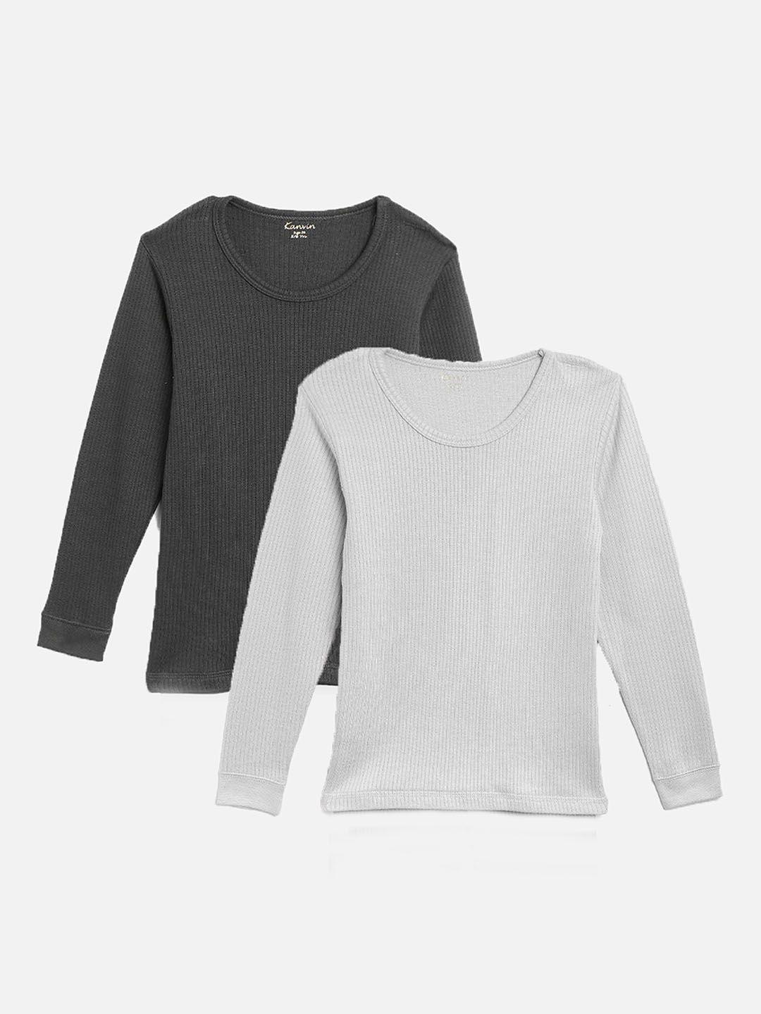 kanvin boys pack of 2 charcoal & grey ribbed cotton thermal tops