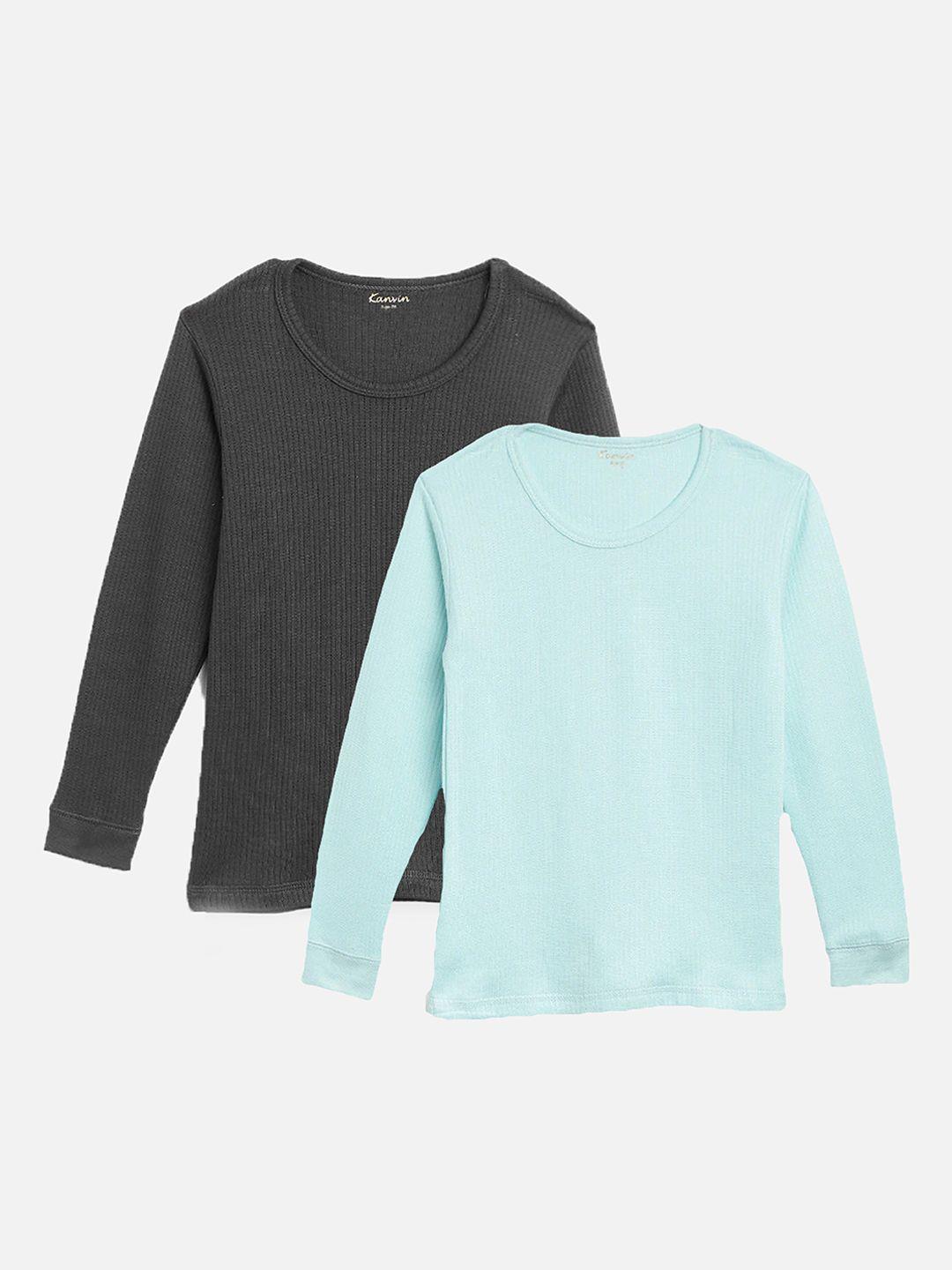 kanvin boys pack of 2 charcoal & turquoise ribbed cotton thermal tops