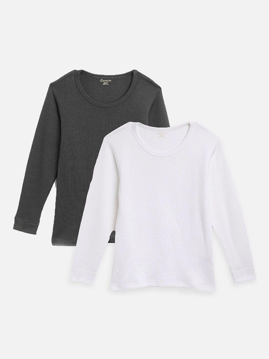 kanvin boys pack of 2 charcoal & white ribbed cotton thermal tops