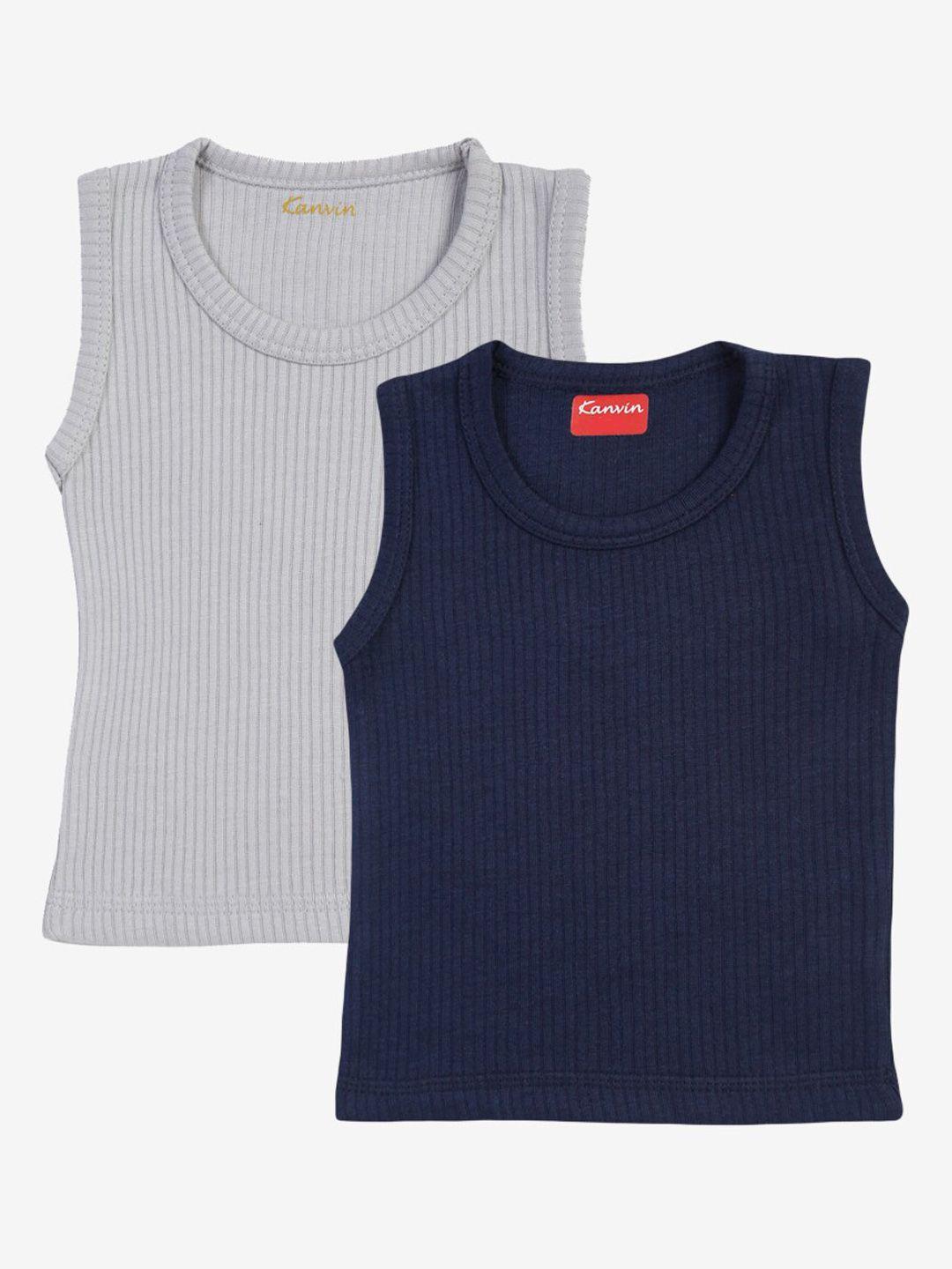 kanvin boys pack of 2 grey & navy blue ribbed  cotton thermal tops