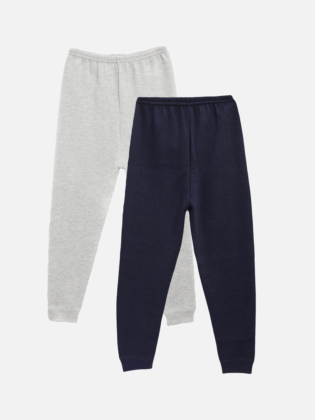 kanvin boys pack of 2 grey & navy blue solid thermal bottoms