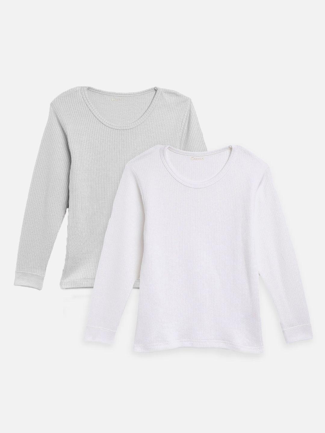 kanvin boys pack of 2 grey & white ribbed cotton thermal tops