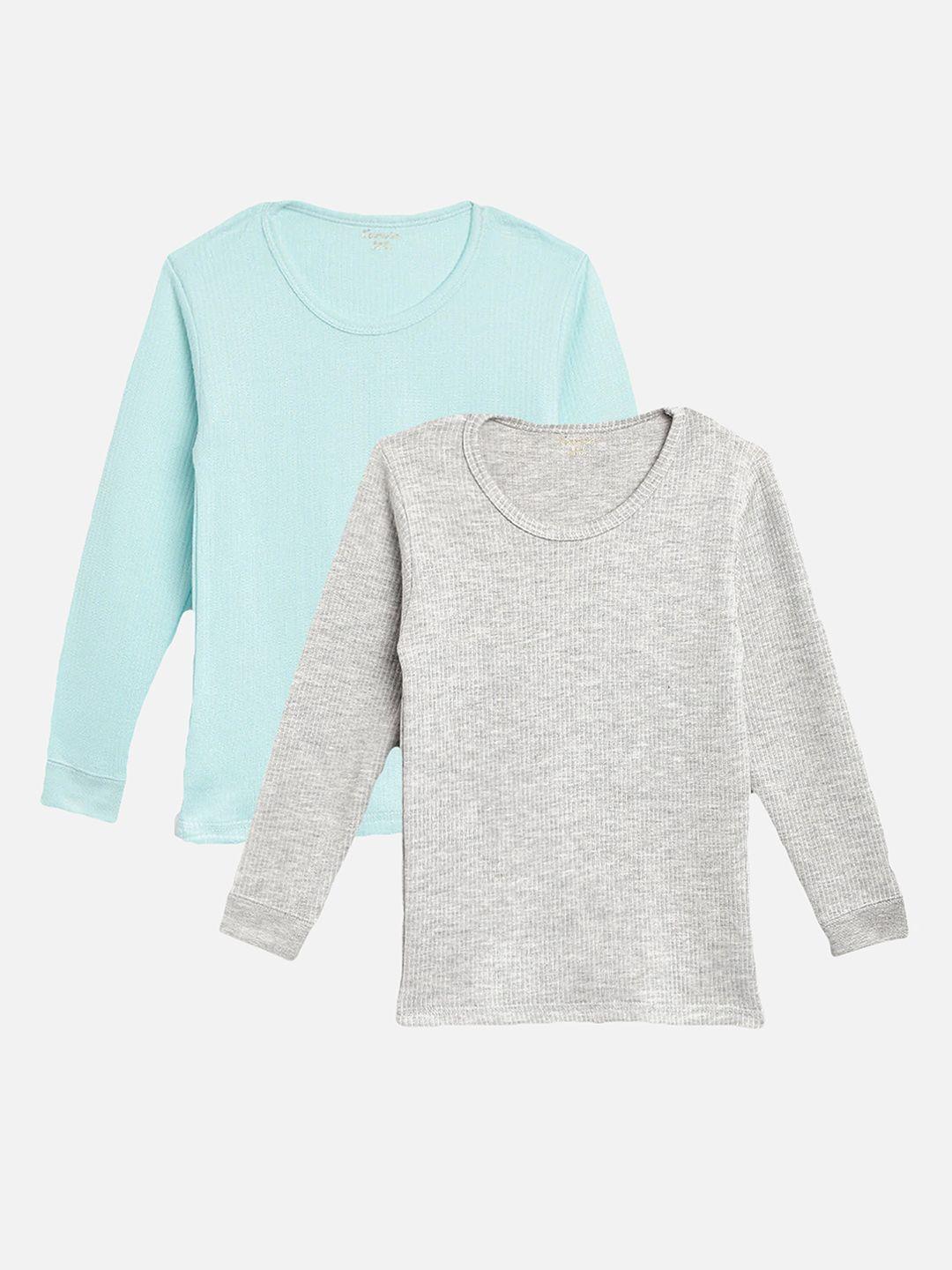 kanvin boys pack of 2 grey melange & turquoise blue ribbed cotton thermal tops