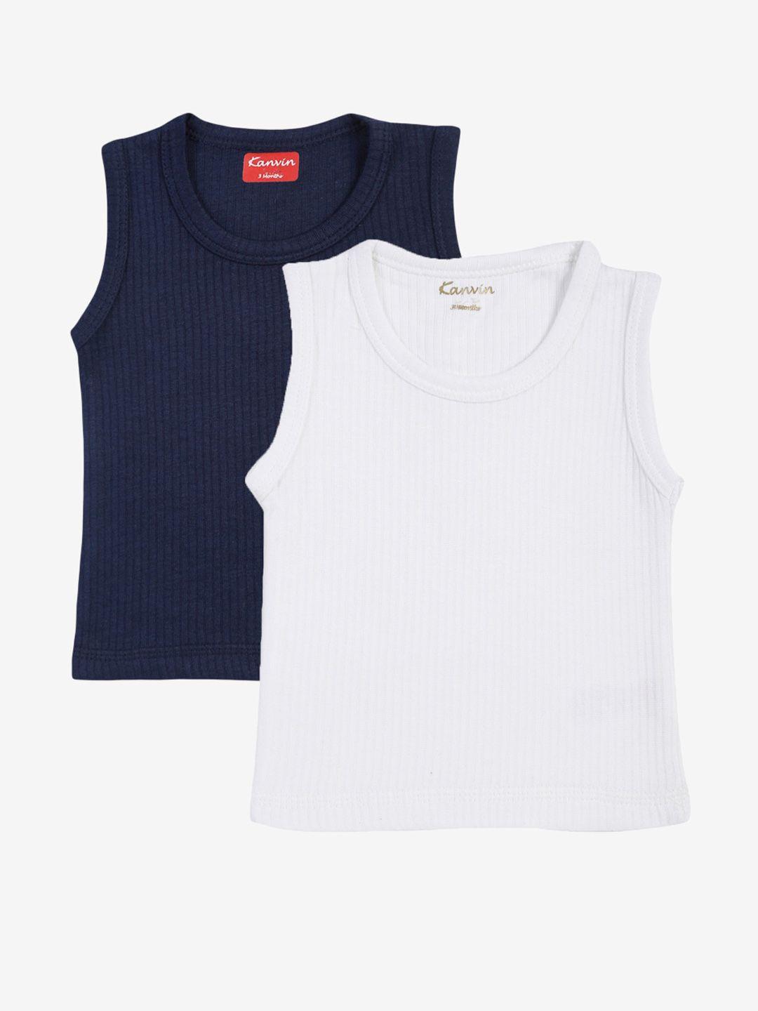 kanvin boys pack of 2 navy blue & white ribbed cotton thermal tops
