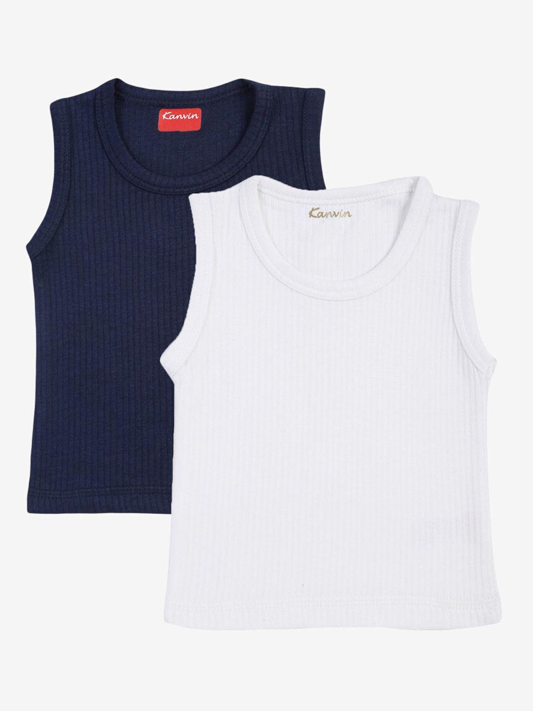 kanvin boys pack of 2 navy blue & white ribbed cotton thermal tops
