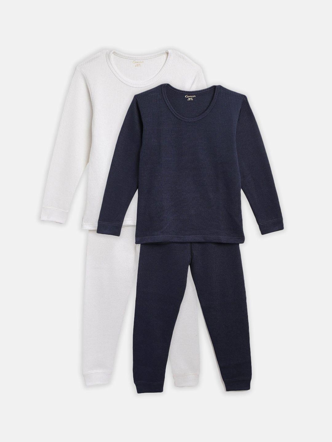 kanvin boys pack of 2 navy blue & white solid thermal set