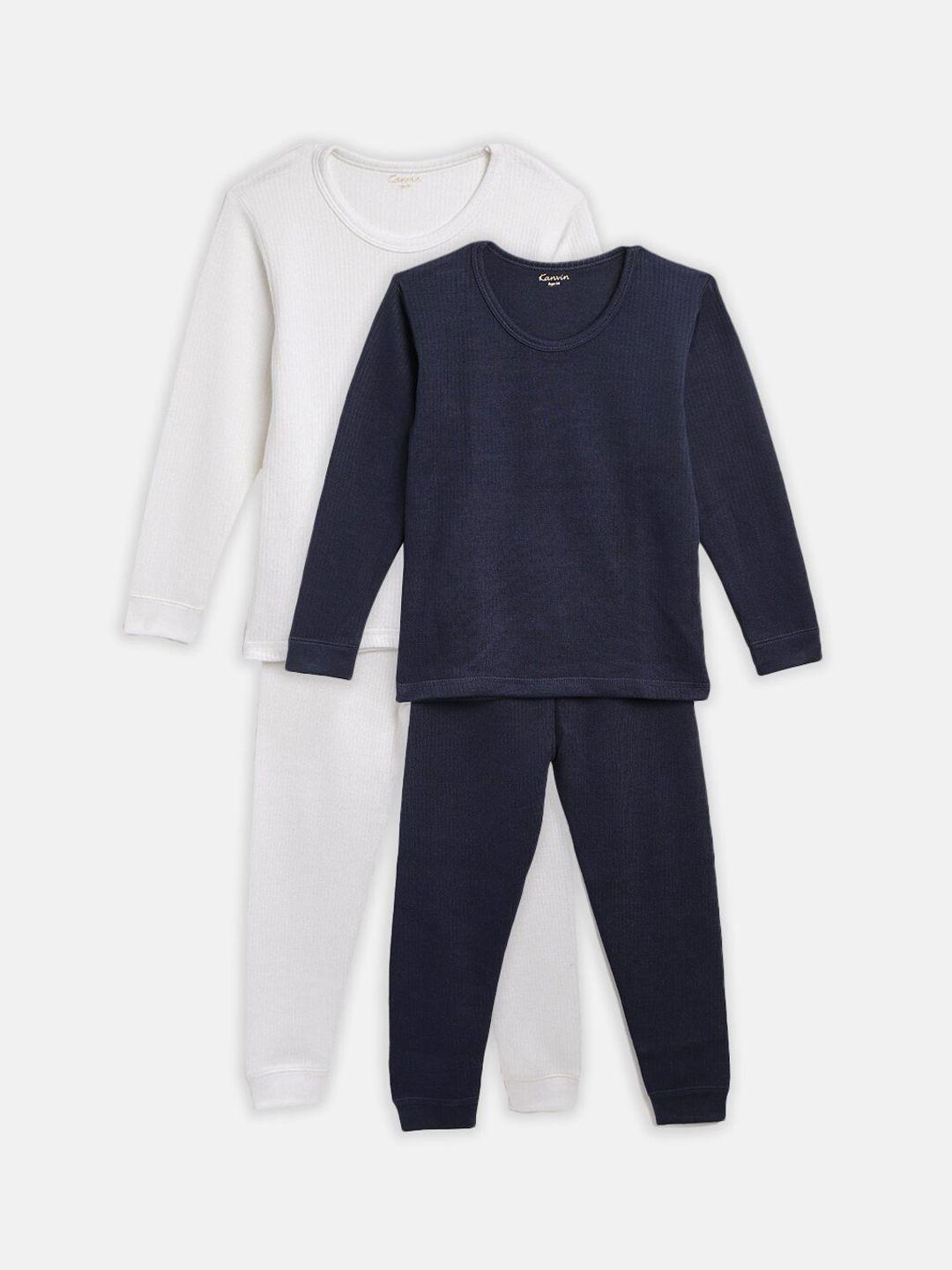 kanvin boys pack of 2 navy blue & white solid thermal sets