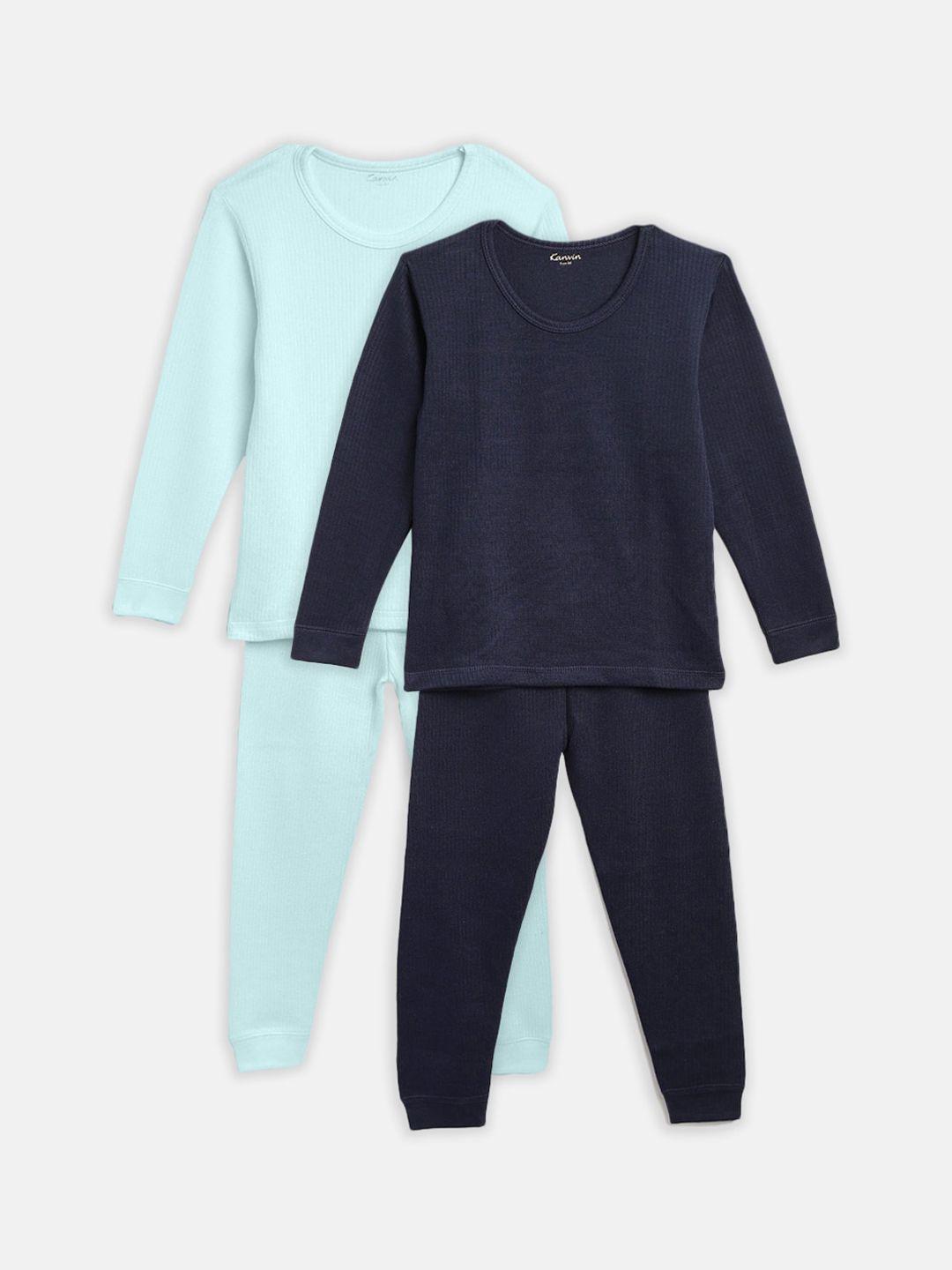 kanvin boys pack of 2 turquoise blue & navy blue solid thermal sets