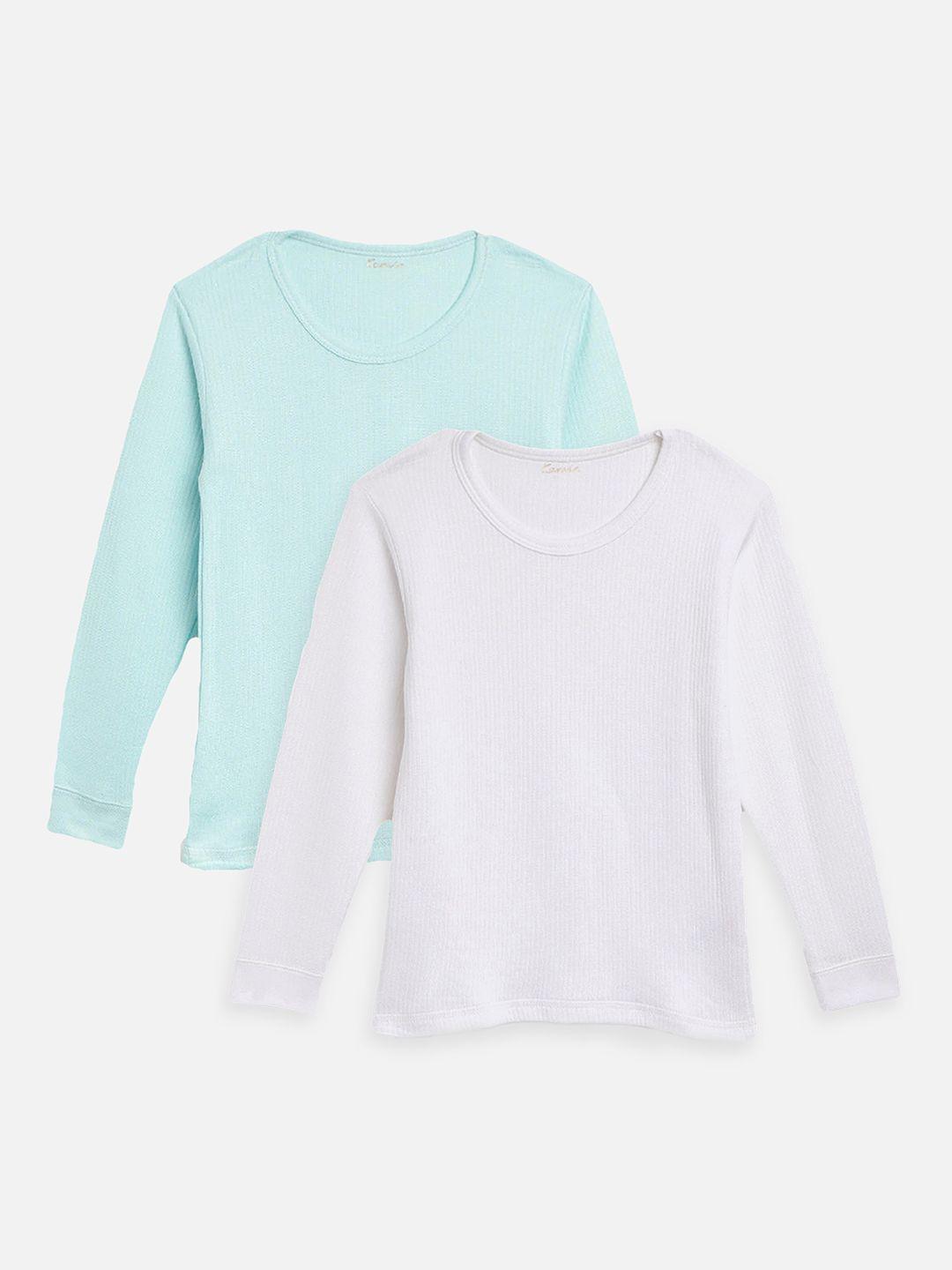 kanvin boys pack of 2 turquoise blue & white ribbed cotton thermal tops