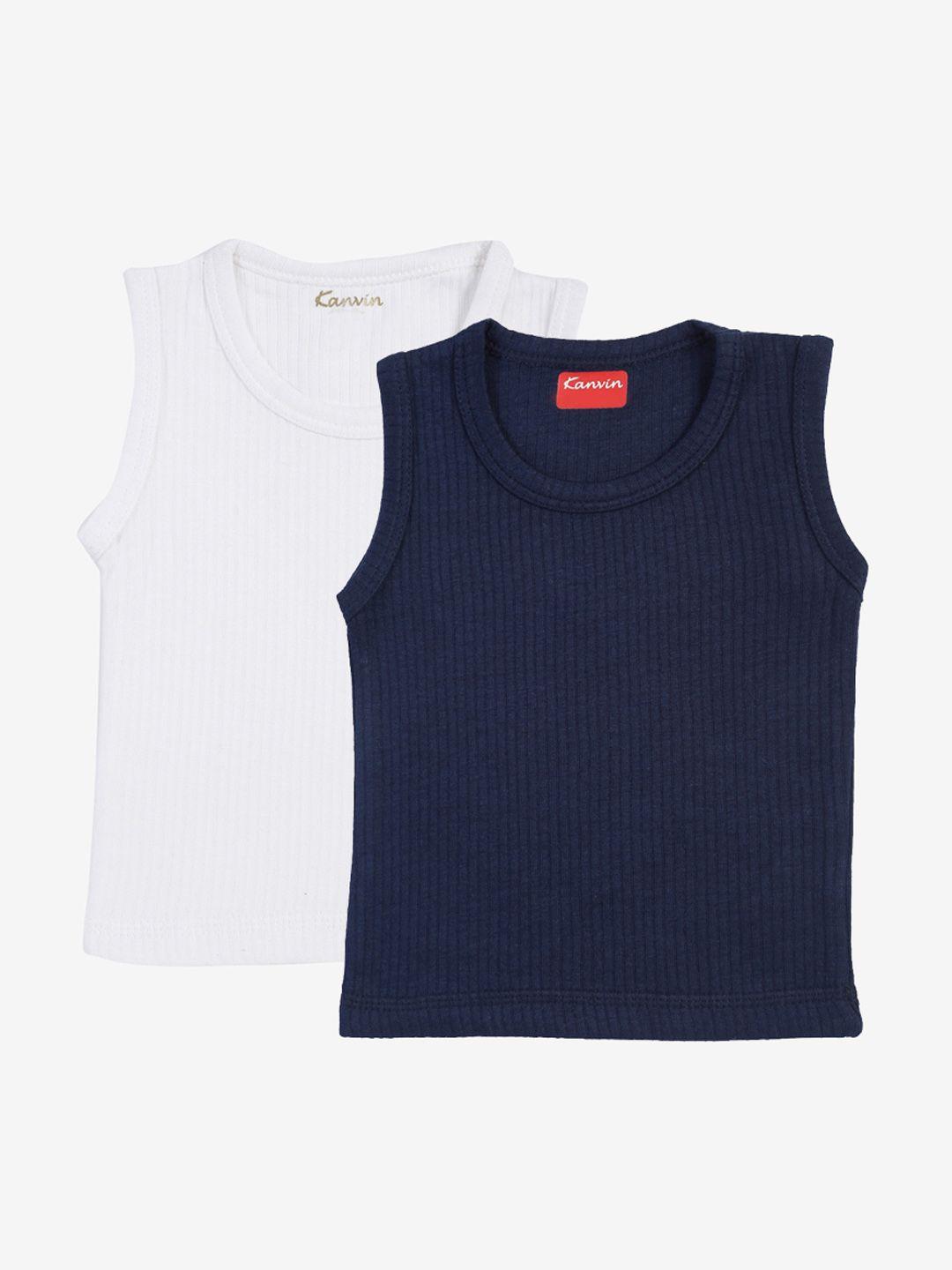 kanvin boys pack of 2 white & navy blue ribbed cotton thermal tops